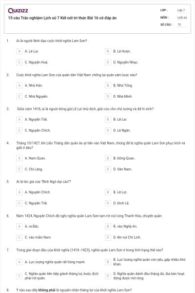 15 câu Trắc nghiệm Lịch sử 7 Kết nối tri thức Bài 16 có đáp án