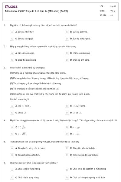 Đề kiểm tra Vật lí 12 học kì 2 có đáp án (Mới nhất) (Đề 22)