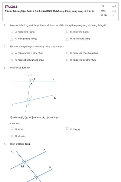 15 câu Trắc nghiệm Toán 7 Cánh diều Bài 3: Hai đường thẳng song song có đáp án