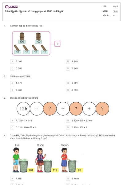9 bài tập Ôn tập các số trong phạm vi 1000 có lời giải