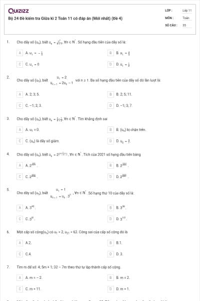 Bộ 24 Đề kiểm tra Giữa kì 2 Toán 11 có đáp án (Mới nhất) (Đề 4)