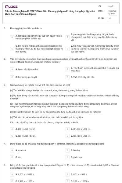 10 câu Trắc nghiệm KHTN 7 Cánh diều Phương pháp và kĩ năng trong học tập môn khoa học tự nhiên có đáp án