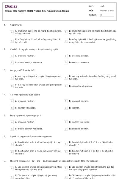 10 câu Trắc nghiệm KHTN 7 Cánh diều Nguyên tử có đáp án
