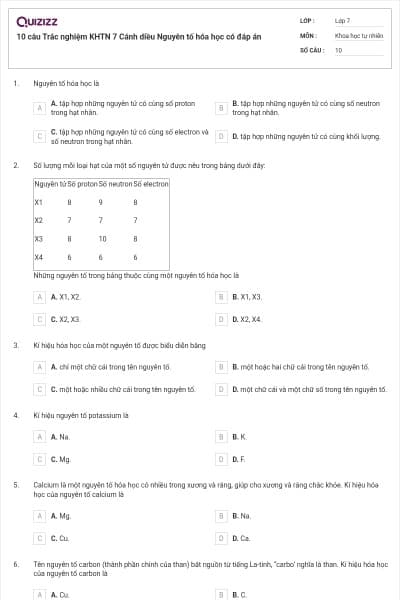 10 câu Trắc nghiệm KHTN 7 Cánh diều Nguyên tố hóa học có đáp án