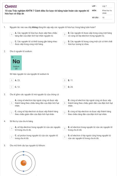 10 câu Trắc nghiệm KHTN 7 Cánh diều Sơ lược về bảng tuần hoàn các nguyên tố hóa học có đáp án