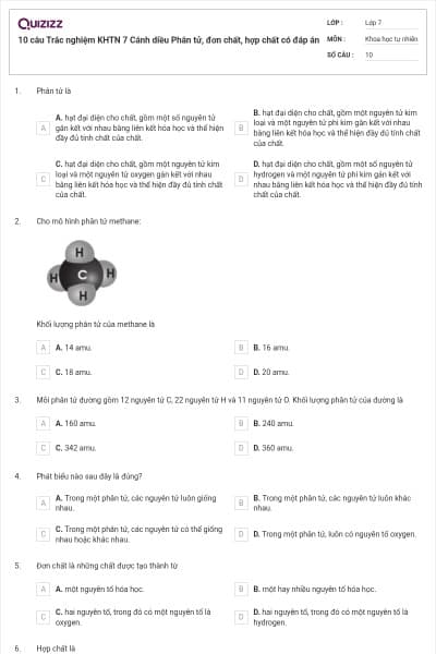 10 câu Trắc nghiệm KHTN 7 Cánh diều Phân tử, đơn chất, hợp chất có đáp án