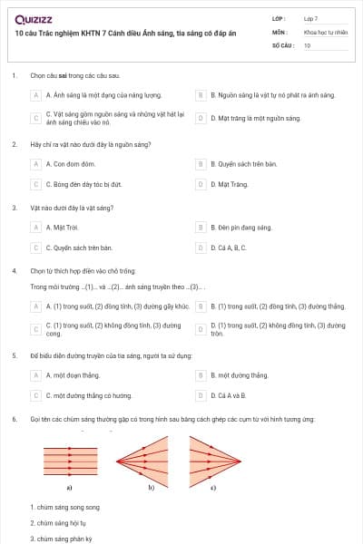 10 câu Trắc nghiệm KHTN 7 Cánh diều Ánh sáng, tia sáng có đáp án