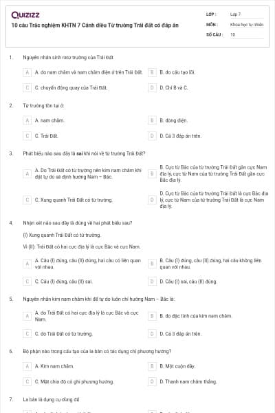 10 câu Trắc nghiệm KHTN 7 Cánh diều Từ trường Trái đất có đáp án
