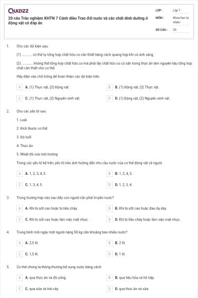 20 câu Trắc nghiệm KHTN 7 Cánh diều Trao đổi nước và các chất dinh dưỡng ở động vật có đáp án