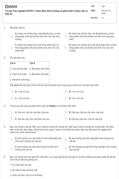 15 câu Trắc nghiệm KHTN 7 Cánh diều Sinh trưởng và phát triển ở thực vật có đáp án