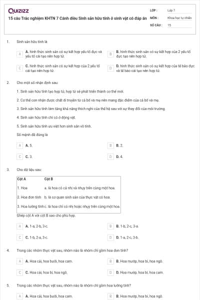 15 câu Trắc nghiệm KHTN 7 Cánh diều Sinh sản hữu tính ở sinh vật có đáp án