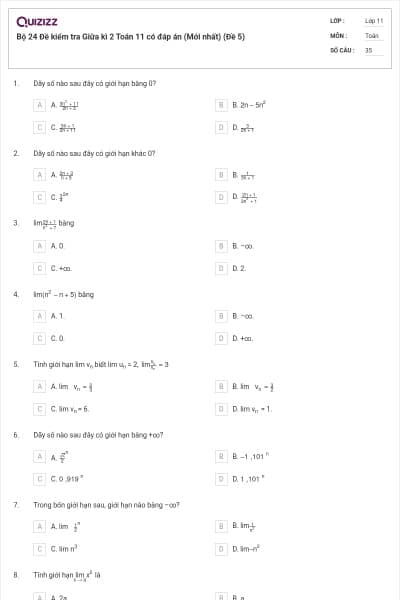 Bộ 24 Đề kiểm tra Giữa kì 2 Toán 11 có đáp án (Mới nhất) (Đề 5)