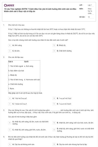 10 câu Trắc nghiệm KHTN 7 Cánh diều Các yếu tố ảnh hưởng đến sinh sản và điều khiển sinh sản ở thực vật có đáp án
