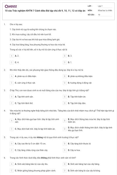 10 câu Trắc nghiệm KHTN 7 Cánh diều Bài tập chủ đề 9, 10, 11, 12 có đáp án