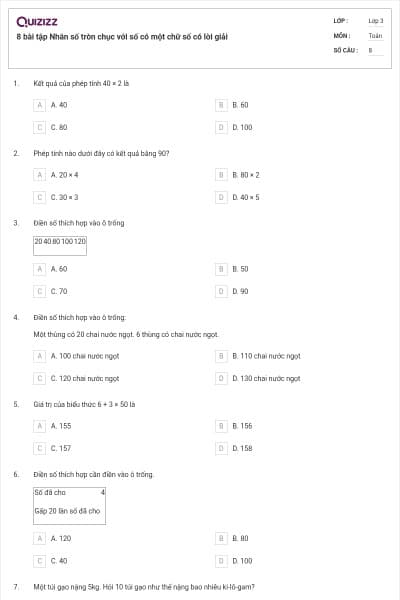 8 bài tập Nhân số tròn chục với số có một chữ số có lời giải