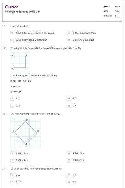 8 bài tập Hình vuông có lời giải