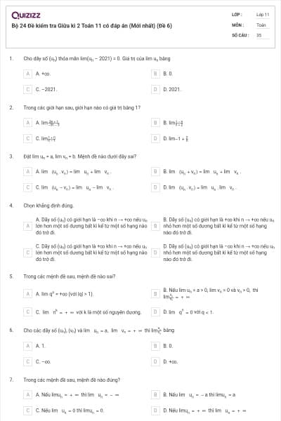 Bộ 24 Đề kiểm tra Giữa kì 2 Toán 11 có đáp án (Mới nhất) (Đề 6)