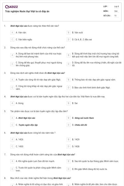 Trắc nghiệm Nước Đại Việt ta có đáp án