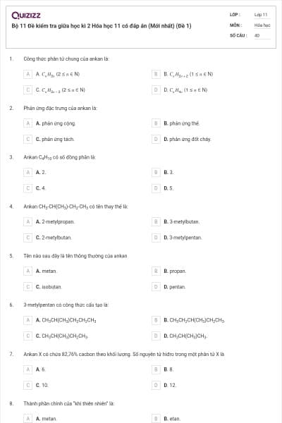 Bộ 11 Đề kiểm tra giữa học kì 2 Hóa học 11 có đáp án (Mới nhất) (Đề 1)