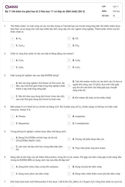 Bộ 11 Đề kiểm tra giữa học kì 2 Hóa học 11 có đáp án (Mới nhất) (Đề 3)