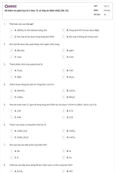 Đề kiểm tra giữa học kì 2 Hóa 12 có đáp án (Mới nhất) (Đề 16)
