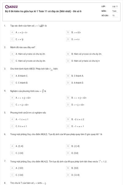 Bộ 8  Đề kiểm tra giữa học kì 1 Toán 11 có đáp án (Mới nhất) - Đề số 6