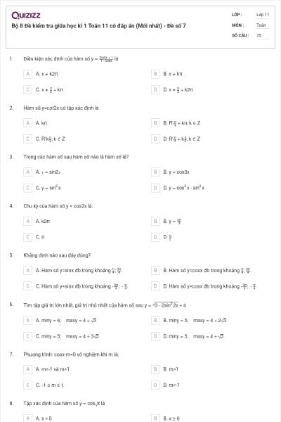 Bộ 8  Đề kiểm tra giữa học kì 1 Toán 11 có đáp án (Mới nhất) - Đề số 7
