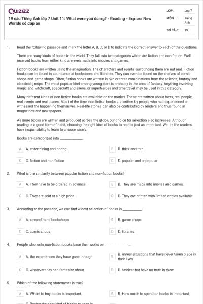19 câu Tiếng Anh lớp 7 Unit 11: What were you doing? - Reading - Explore New Worlds có đáp án