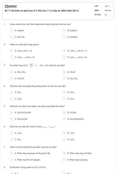 Bộ 11 Đề kiểm tra giữa học kì 2 Hóa học 11 có đáp án (Mới nhất) (Đề 4)