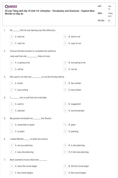 20 câu Tiếng Anh lớp 10 Unit 10: Lifestyles - Vocabulary and Grammar - Explore New Worlds có đáp án