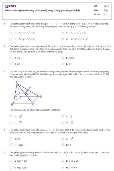 200 câu trắc nghiệm Phương pháp tọa độ trong không gian nâng cao (P4)