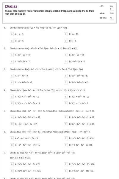 15 câu Trắc nghiệm Toán 7 Chân trời sáng tạo Bài 3: Phép cộng và phép trừ đa thức một biến có đáp án