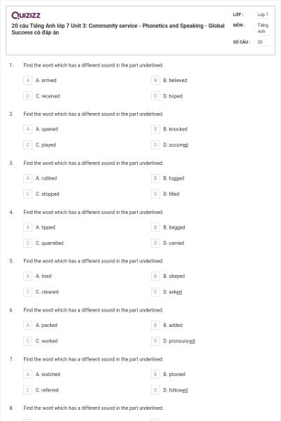 20 câu Tiếng Anh lớp 7 Unit 3: Community service - Phonetics and Speaking - Global Success có đáp án