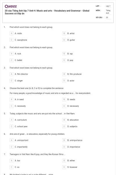 20 câu Tiếng Anh lớp 7 Unit 4: Music and arts - Vocabulary and Grammar - Global Success có đáp án