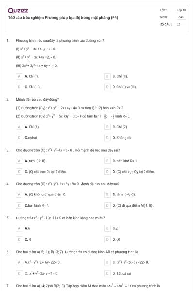 160 câu trắc nghiệm Phương pháp tọa độ trong mặt phẳng (P4)