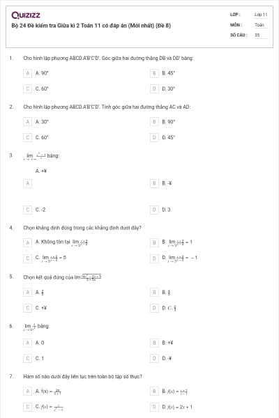 Bộ 24 Đề kiểm tra Giữa kì 2 Toán 11 có đáp án (Mới nhất) (Đề 8)