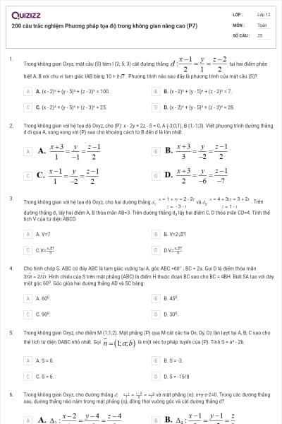 200 câu trắc nghiệm Phương pháp tọa độ trong không gian nâng cao (P7)