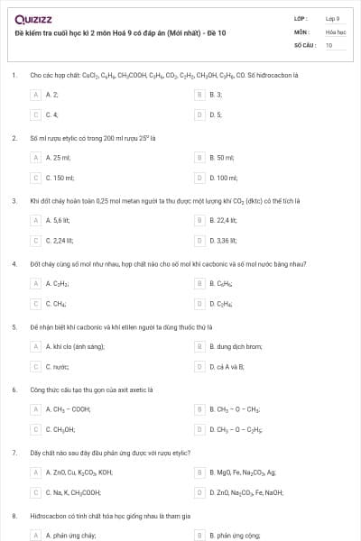 Đề kiểm tra cuối học kì 2 môn Hoá 9 có đáp án (Mới nhất) - Đề 10