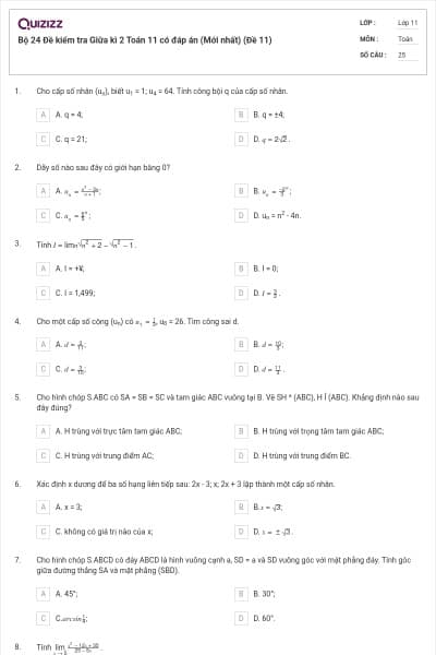 Bộ 24 Đề kiểm tra Giữa kì 2 Toán 11 có đáp án (Mới nhất) (Đề 11)