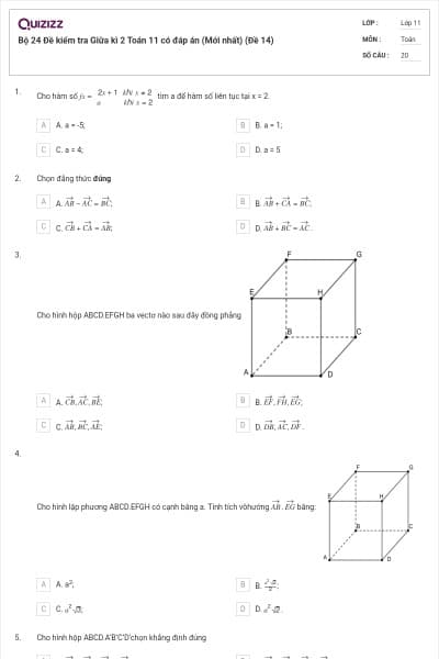 Bộ 24 Đề kiểm tra Giữa kì 2 Toán 11 có đáp án (Mới nhất) (Đề  14)