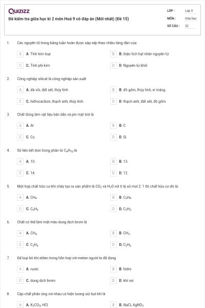 Đề kiểm tra giữa học kì 2 môn Hoá 9 có đáp án (Mới nhất) (Đề 15)