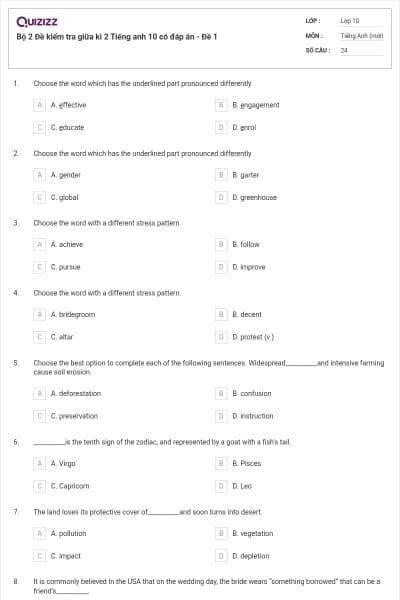 Bộ  2 Đề kiểm tra giữa kì 2 Tiếng anh 10 có đáp án - Đề 1