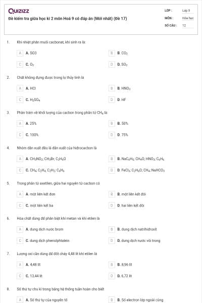 Đề kiểm tra giữa học kì 2 môn Hoá 9 có đáp án (Mới nhất) (Đề 17)