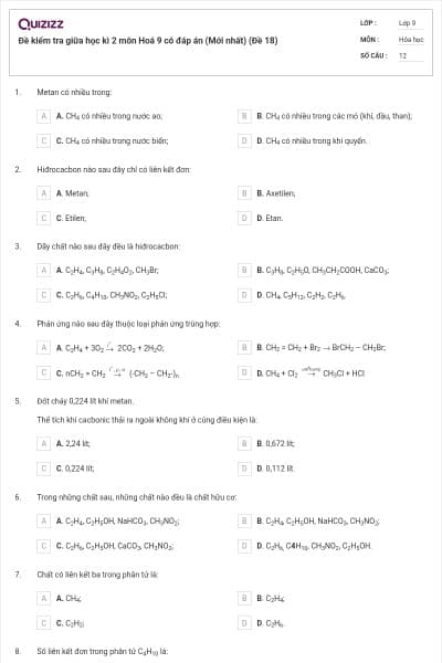 Đề kiểm tra giữa học kì 2 môn Hoá 9 có đáp án (Mới nhất) (Đề 18)