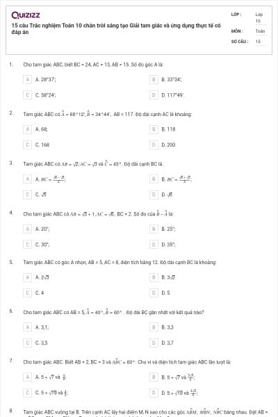 15 câu Trắc nghiệm Toán 10 chân trời sáng tạo Giải tam giác và ứng dụng thực tế có đáp án