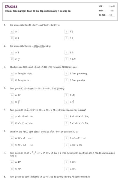 30 câu  Trắc nghiệm Toán 10 Bài tập cuối chương 4 có đáp án