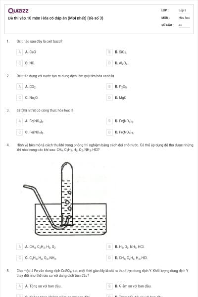 Đề thi vào 10 môn Hóa có đáp án (Mới nhất) (Đề số 3)
