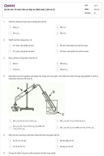 Đề thi vào 10 môn Hóa có đáp án (Mới nhất ) (Đề số 4)