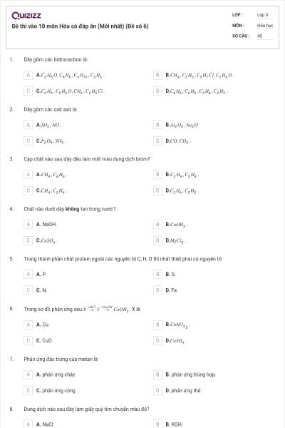 Đề thi vào 10 môn Hóa có đáp án (Mới nhất) (Đề số 6)