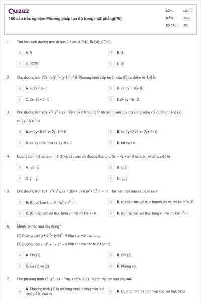 160 câu trắc nghiệm Phương pháp tọa độ trong mặt phẳng(P5)